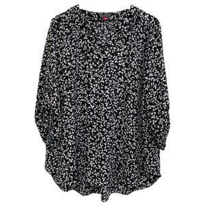 VINCE CAMUTO Tunic Top Black White Leaf Pattern V-Neck Pop Over 2X.